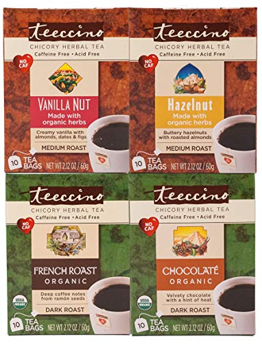 Teeccino Coffee Variety Pack (Vanilla Nut, Hazelnut, Chocolaté, French Roast) Chicory Herbal Tea Bags, Caffeine Free, Acid Free, 10 Count (Pack of 4)