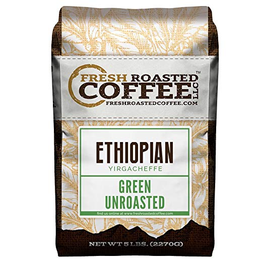 Green Unroasted Coffee Beans, 5 LB. Bag, Fresh Roasted Coffee LLC. (Ethiopian Yirgacheffe Kochere)