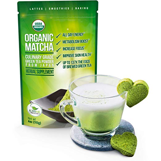 Organic Matcha Green Tea Powder - Japanese Culinary Grade Matcha - 4 oz (113 grams) - Increases Energy and Focus and Naturally Supports Weight Loss - From Kiss Me Organics