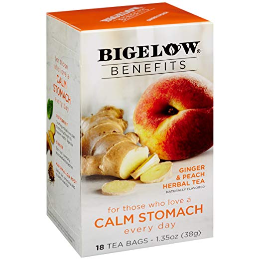Bigelow Benefits Calm Stomach Ginger Peach Herbal Tea Box of 18 Teabags (Pack of 6) Caffeine-Free Individual Herbal Tisane Bags, for Hot Tea or Iced Tea, Plain or Sweetened with Honey or Sugar