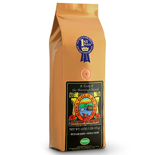 Kona Gold Coffee Whole Beans - 16 oz, by Kona Gold Rum Co. - Medium/Dark Roast Extra Fancy - 100% Kona Coffee