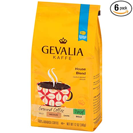 GEVALIA House Blend, Decaf, Ground, 12 Ounce, (Pack of 6)