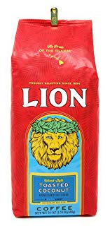 Hawaii Lion Coffee, Toasted Coconut, Whole Bean, HUGE 24 Oz. 1.5 lb Bag with Bag Clip