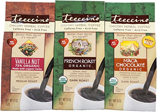 Teeccino Chicory Herbal Coffee Variety Pack (Vanilla Nut, French Roast, Maca Chocolaté), Caffeine Free, Acid Free, Coffee Alternative, Prebiotic, 11 Ounce (Pack of 3)